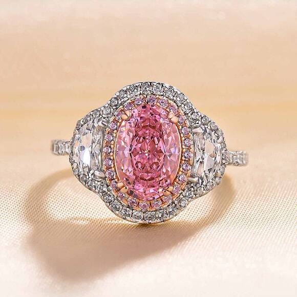 Elegant Pink and Silver Double Halo Ring - Picture 1 of 4